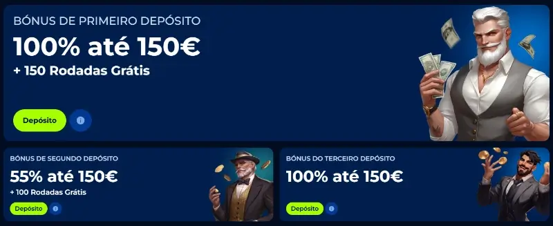 Bónus de boas-vindas nos 3 primeiros depósitos da BillionaireSpin