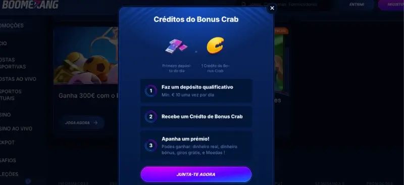 Bónus de casino do Boomerang Bet com 1 bónus crab