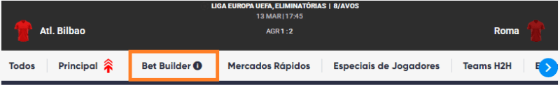 Botão do bet builder no menu das apostas desportivas do Cazimbo