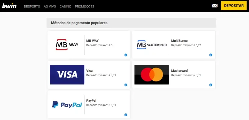 Página de pagamentos do casino da Bwin
