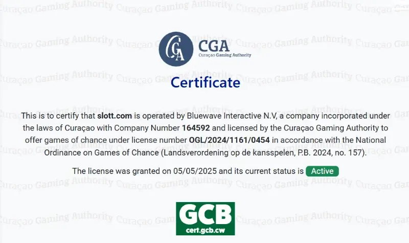 Certificado de licença de curação no casino da Slott