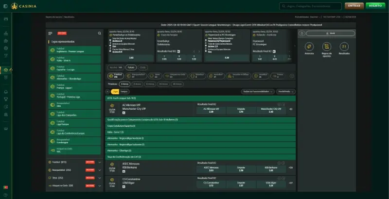 Página de apostas desportivas do Casinia
