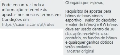 Mensagem do chat ao vivo da Casinia