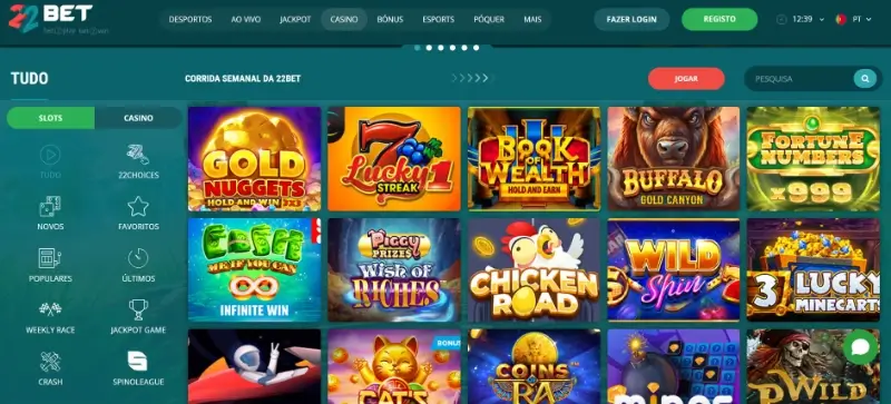 Página principal de casino da 22Bet