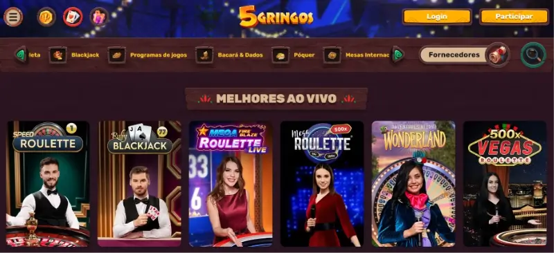 Página de casino ao vivo na 5gringos