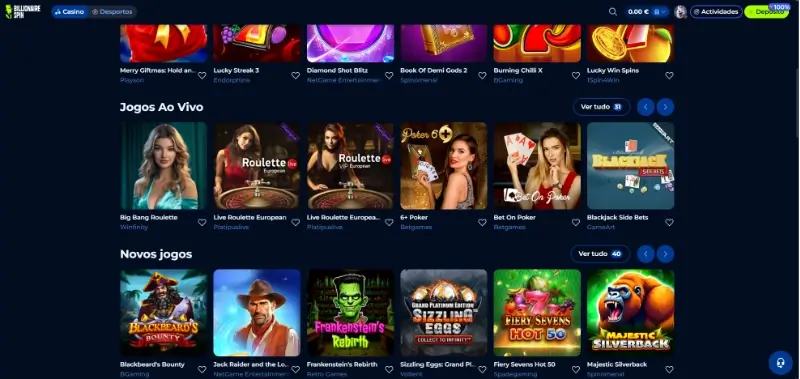 Página de casino ao vivo da BillionaireSpin