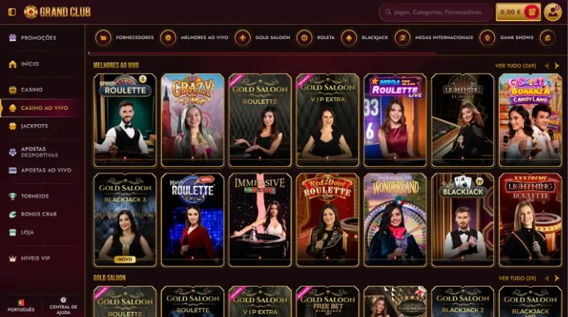 Página de casino ao vivo no GrandClub