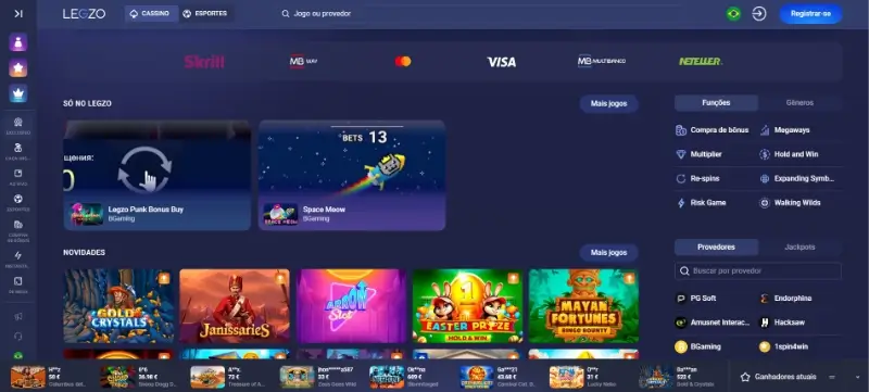Página principal de casino do Legzo