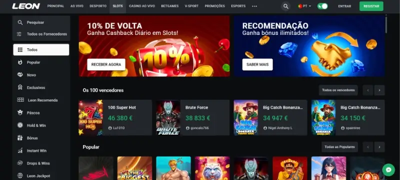Página principal de casino da Leon