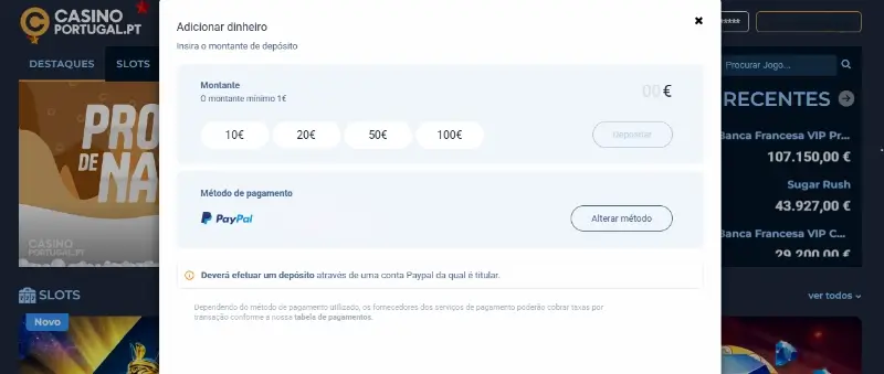 Página de pagamentos do Casino Portugal
