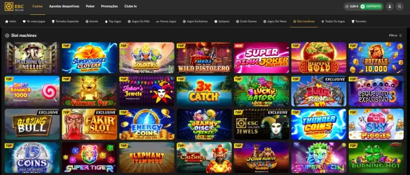 Página de slot machines no casino da ESC Online