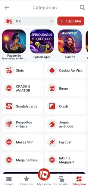 Categorias de jogos de casino na aplicação da Megapari