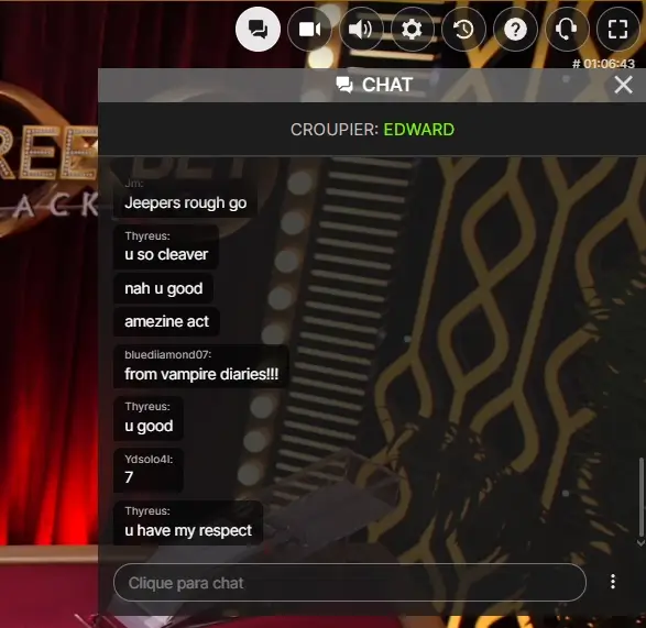 Chat integrado da mesa de blackjack ao vivo
