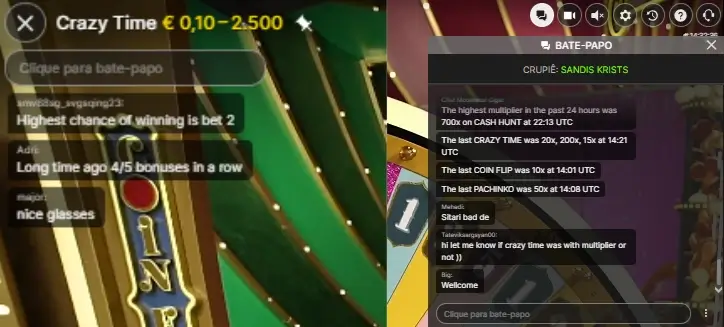 Chats do Crazy Time com jogadores e com o dealer