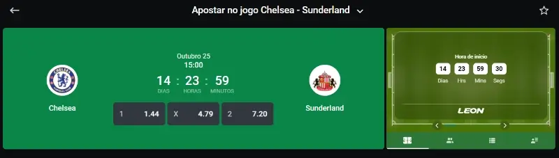 Odds jogo entre Chelsea e Sunderland na Leon