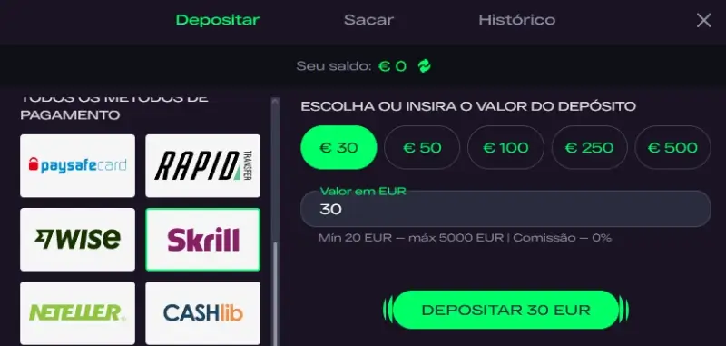 Depósitar com skrill num casino online