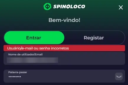 Credenciais erradas no login do Spinoloco