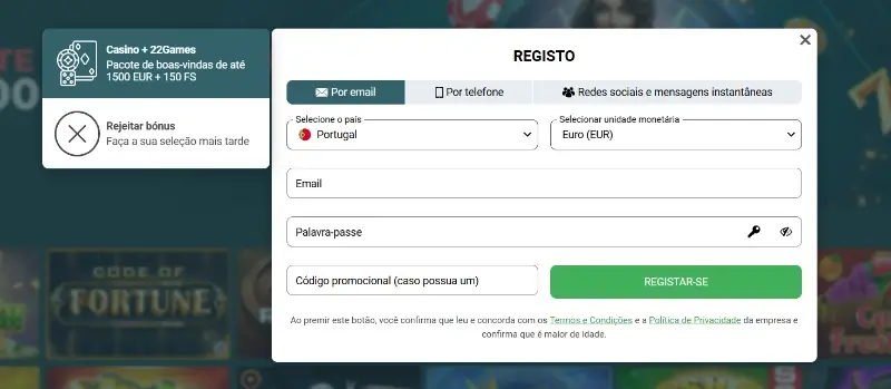Formulário de registo do 22Casino