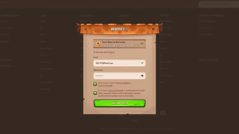 Formulário de registo na StoneVegas