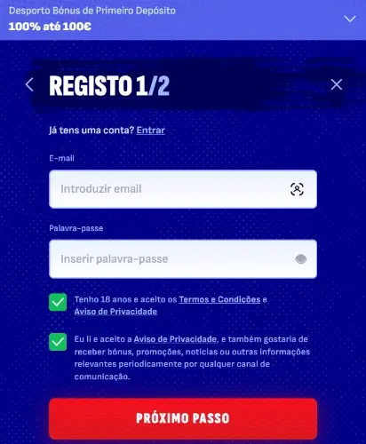 Formulário de registo do Bankonbet