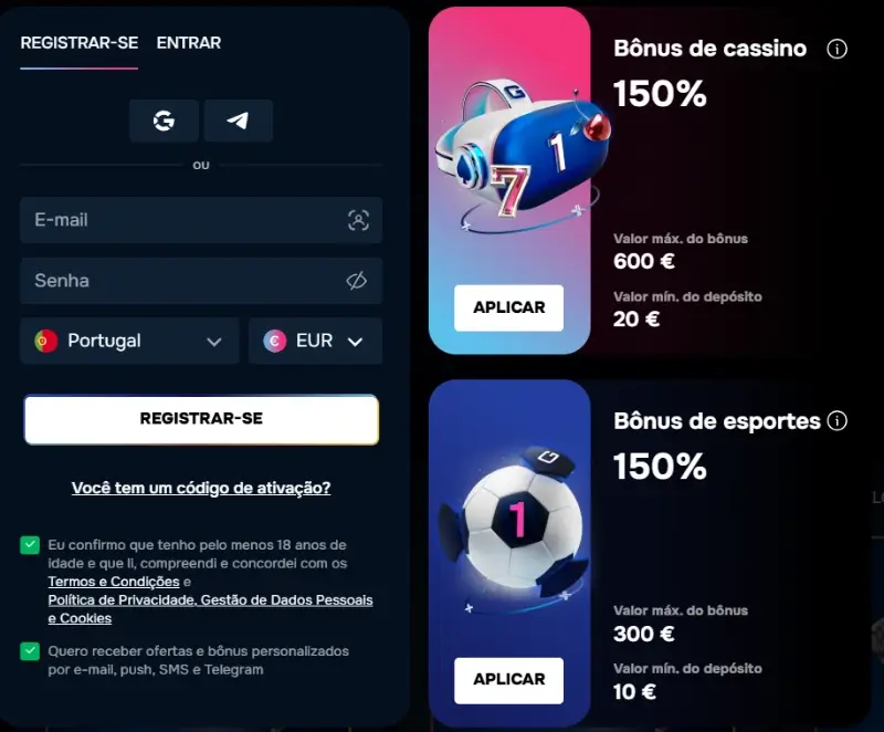 Inicio do processo de registo no Gizbo Casino