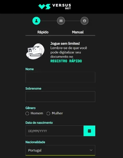 Formulário de registo da VersusBet