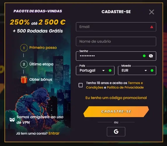 Página de registo no Wild Tokyo