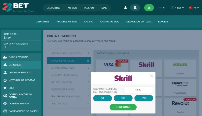 Depósito com skrill no casino da 22Bet