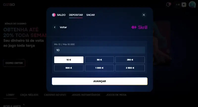 Depósito com skrill no casino da Gizbo
