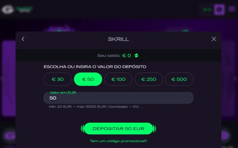 Depósito com skrill no casino da Glitch Spin