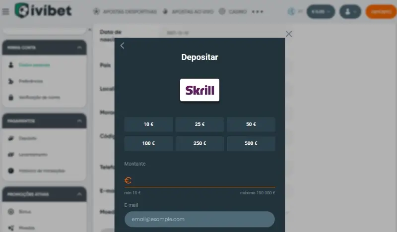 Depósito com skrill no casino da Ivibet