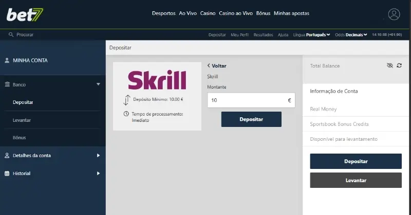 Depósito com skrill no casino Bet7