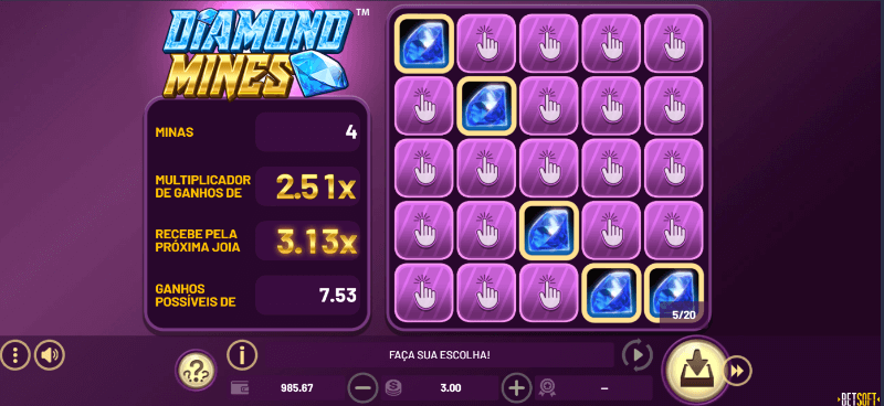 Jogo Diamond Mines disponível no Cazimbo Casino
