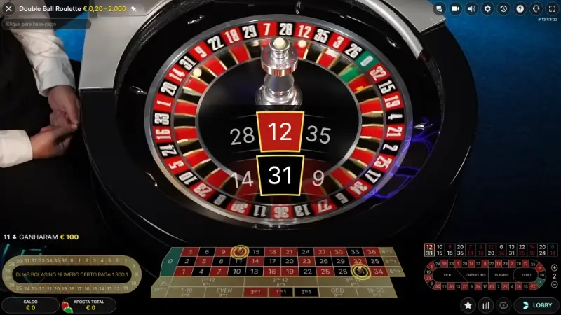 Jogo de roleta ao vivo Doble Ball Roulette da Evolution