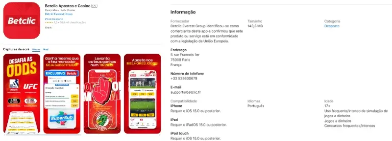 Página da AppStore para o download da Betclic App