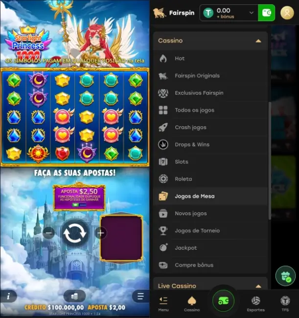 Slot machine e menu de casino na FairSpin App