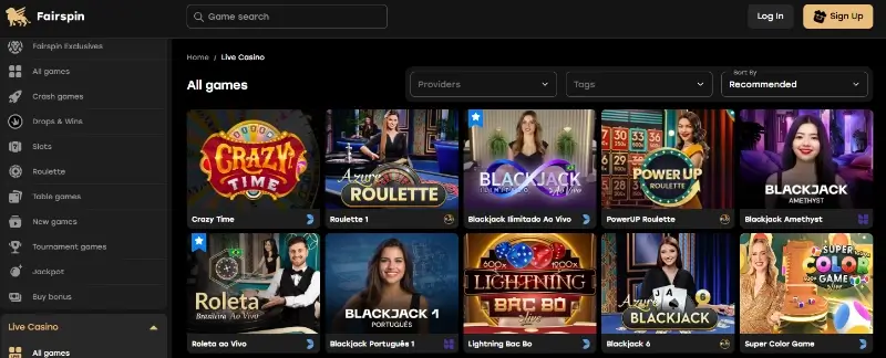 Página de game shows no casino da FairSpin