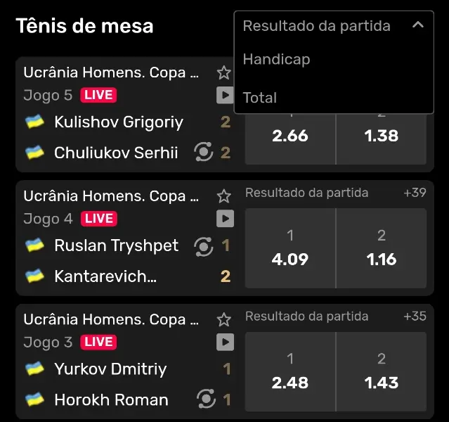 Filtros de mercados de apostas desportivas na FairSpin App