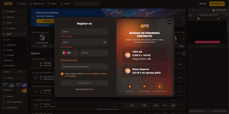 Formulário de registo na SlotLair