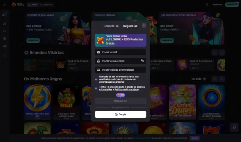 Formulário de registo no Need For Slots