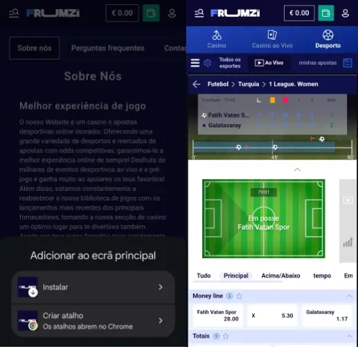 Instalar e apostas desportivas na Frumzi App