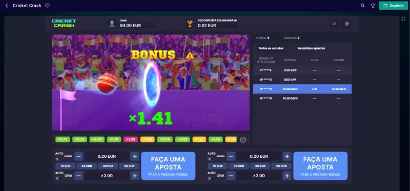 Jogo crash crash cricket no Frumzi Casino