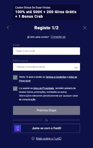 Formulário de registo no Frumzi Casino