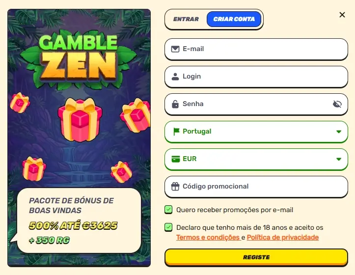Primeiro passo para criar conta no Gamblezen Casino