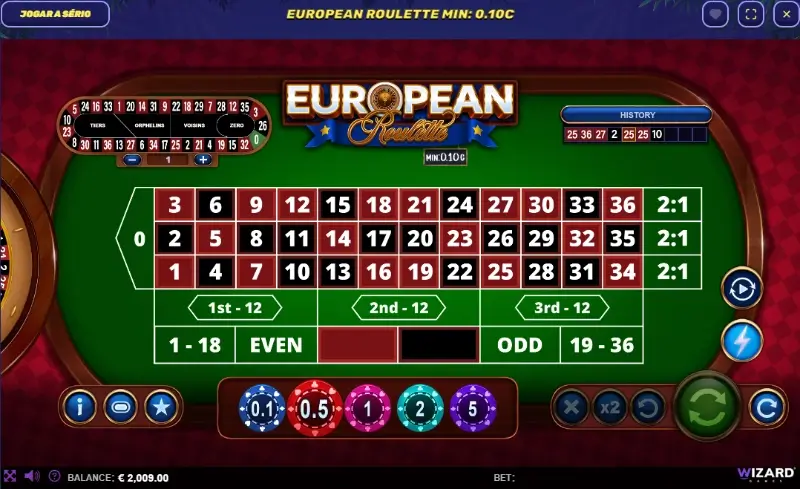 Jogo de mesa European Roulette no casino do Gamblezen