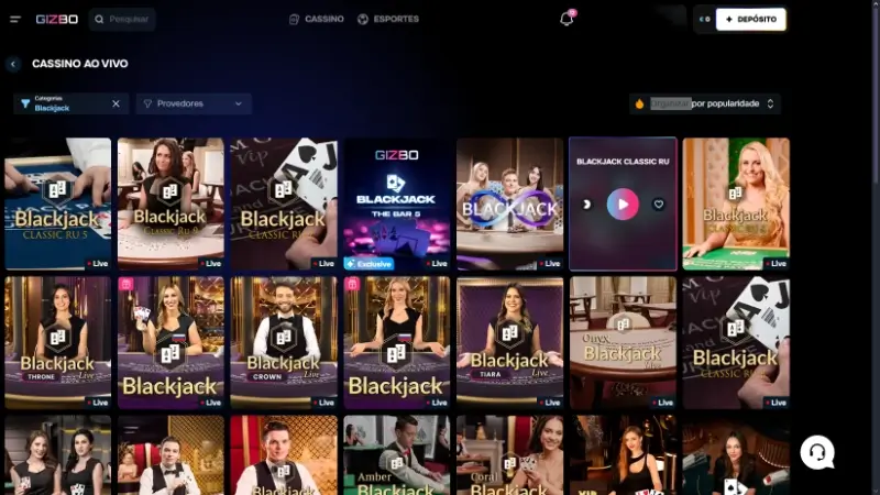 Página de blackjack ao vivo no casino da Gizbo