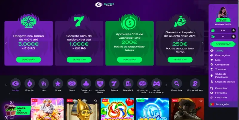 Página de casino da GlitchSpin