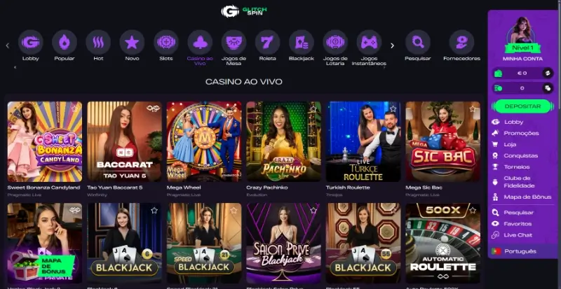 Página de blackjack ao vivo no casino da GltichSpin