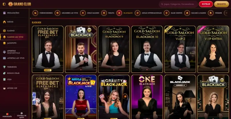 Página de blackjack ao vivo no GrandClub Casino
