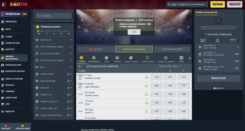 Página de apostas desportivas na AllySpin